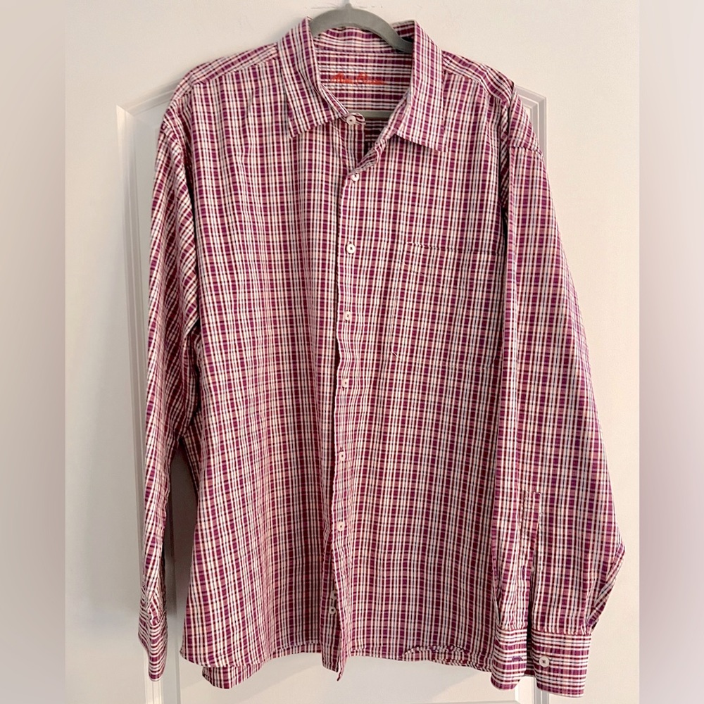 Alan Flusser Mens XXL Red Tan Plaid Crinkle Cotton Button Down Shirt